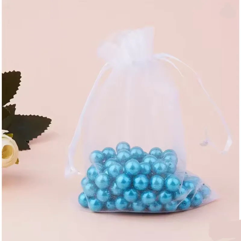 50 pçs cordão amarrado abertura jóias armazenamento saco de organza transparente cosméticos saco de presente de doces de casamento 7x9cm 9x12cm
