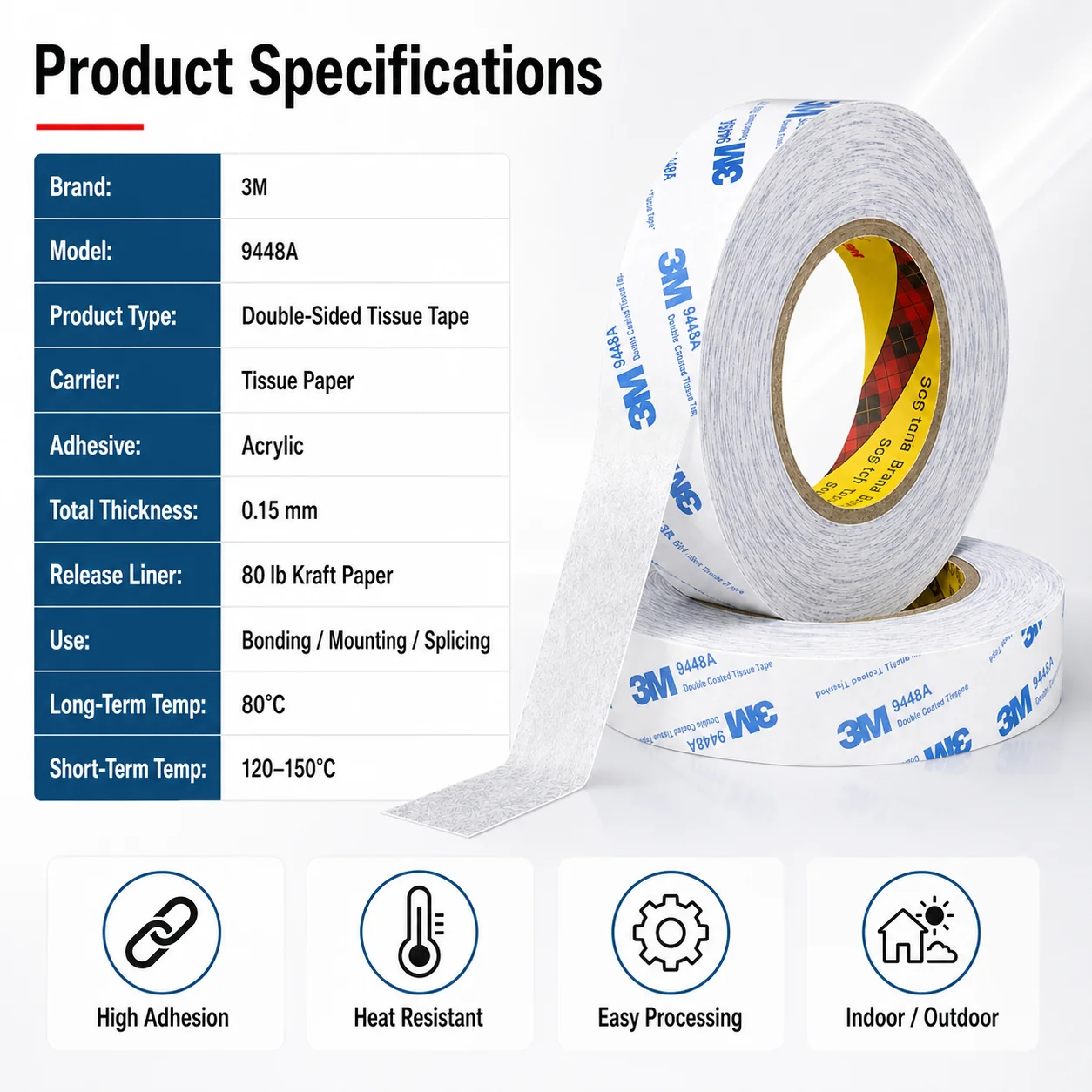 3M 9448A Double Sided Tape Strong Adhesive Tissue Tape 0.15MM for Foam Nameplate Plastic Film Industrial Bonding 50M view 6