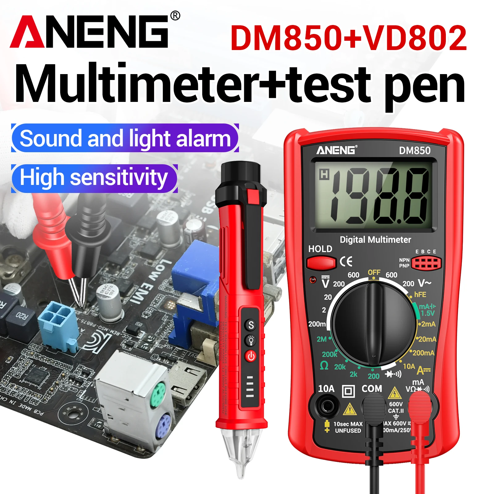 

Мультиметры ANENG DM850+VD802, 1999 показаний, набор для тестирования, тестер-ручка, измеритель напряжения, детектор сопротивления, инструменты для измерения сопротивления ​