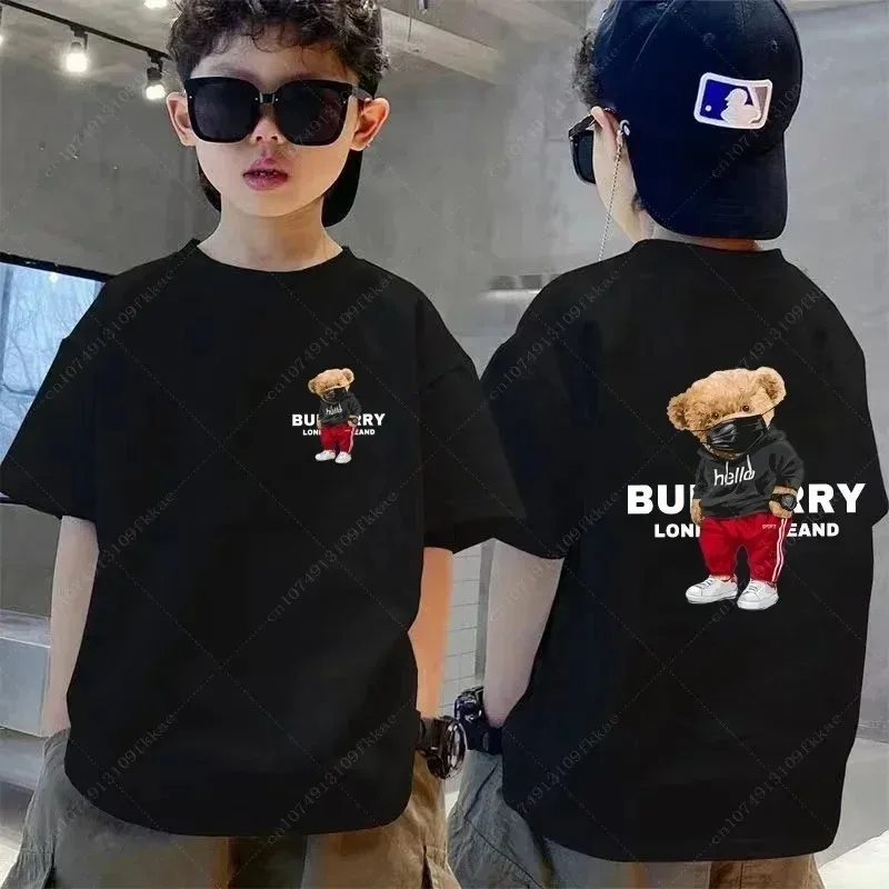 Estate bambini marca orso di lusso T-Shirt nero bianco stampa ragazza Tshirt bambini manica corta T Shirt ragazzo moda cotone Tee vestiti