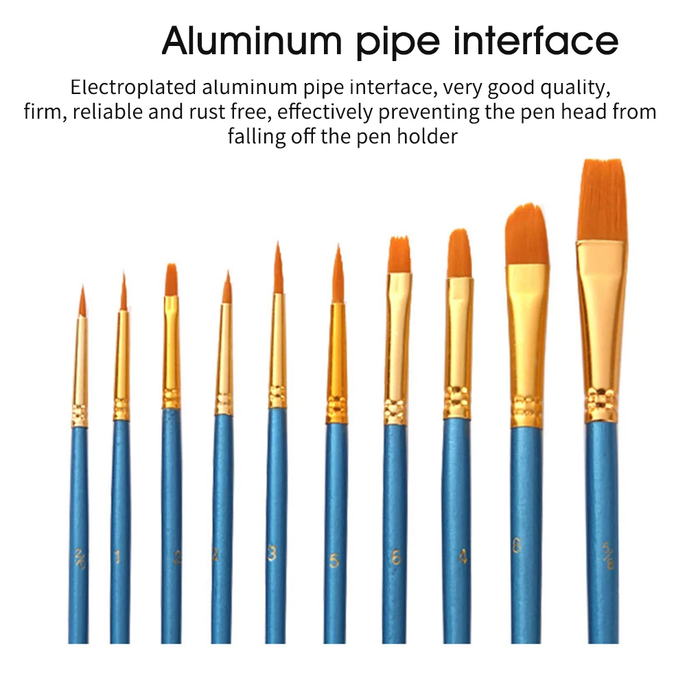 子供のためのナイロン水彩ペイントブラシセット、丸い先端の文房具、描画ツール、アクリルオイルアート用品、学用品、セットあたり10個