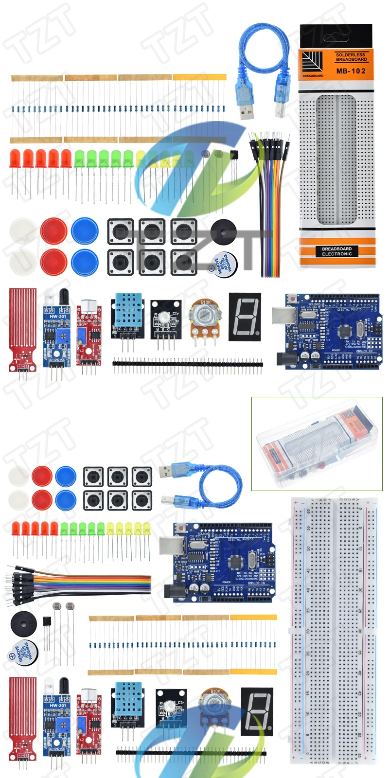 Starter-Kit für Arduino UnoR3 Steckbrett, einfaches Lernset, Schall-/Wasserstand-/Feuchtigkeits-/Entfernungserkennung, LED-Steuerung – Detail 2