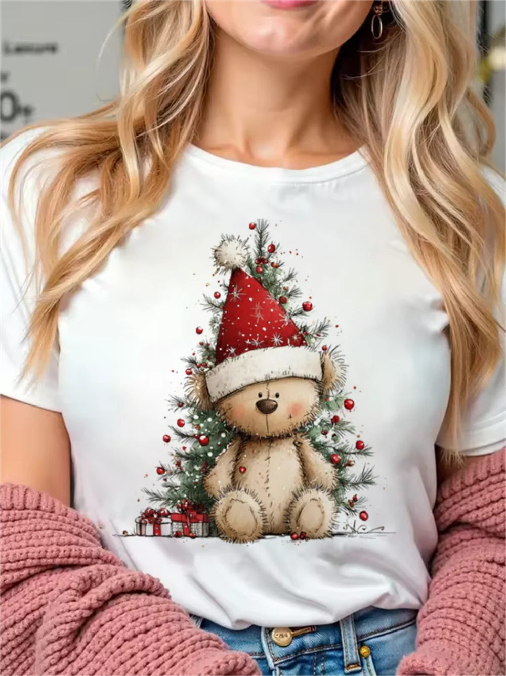 Christmas Bear Red Christmas Hat Pattern Casual Women's T-Shirt Cute Kawaii Printed Cartoon Clothing Casual Simple T-Shirt