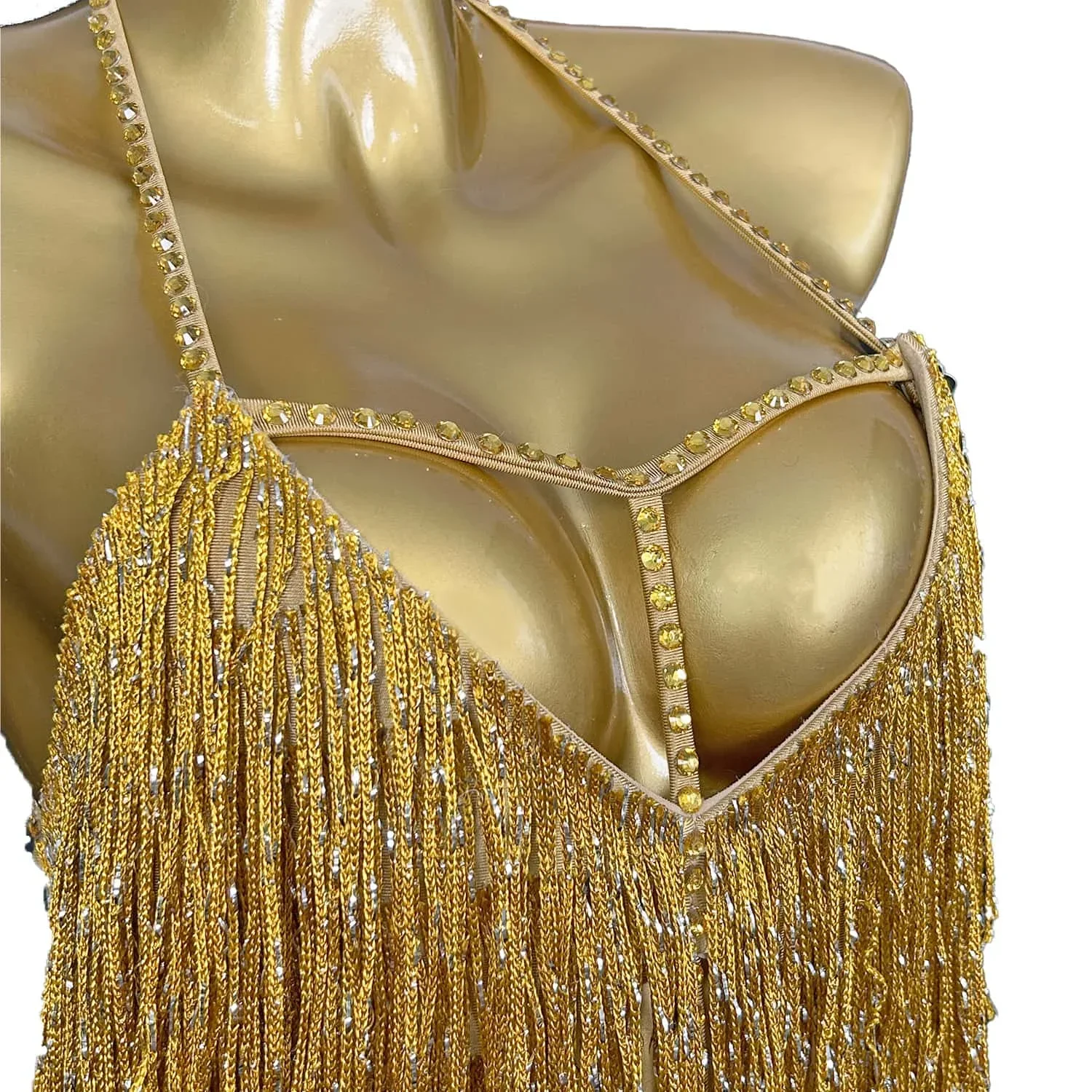 เซ็กซี่ STAGE GOLD Fringes เครื่องแต่งกายเต้นรํา Sparkly เพชรพู่ชุดราตรีวันเกิดพรหมสวมใส่ Club Performance Gown