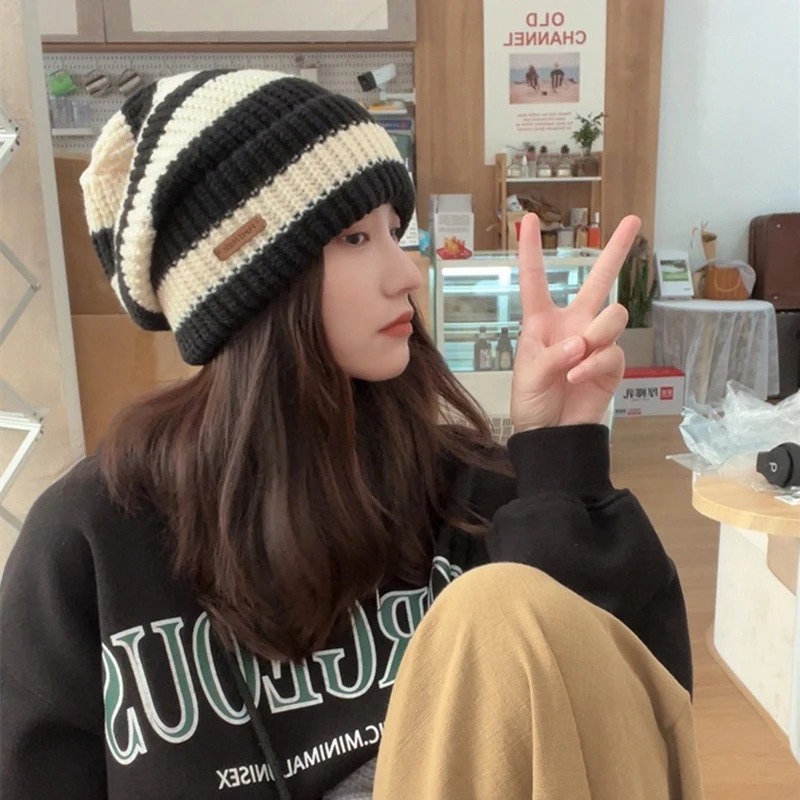 الشتاء قبعة تدفئة المرأة عادية مكدسة قبعة صغيرة محبوكة قبعة رجالية مخطط الهيب هوب للجنسين المرأة قبعة تسلق الجبال وشاح #1