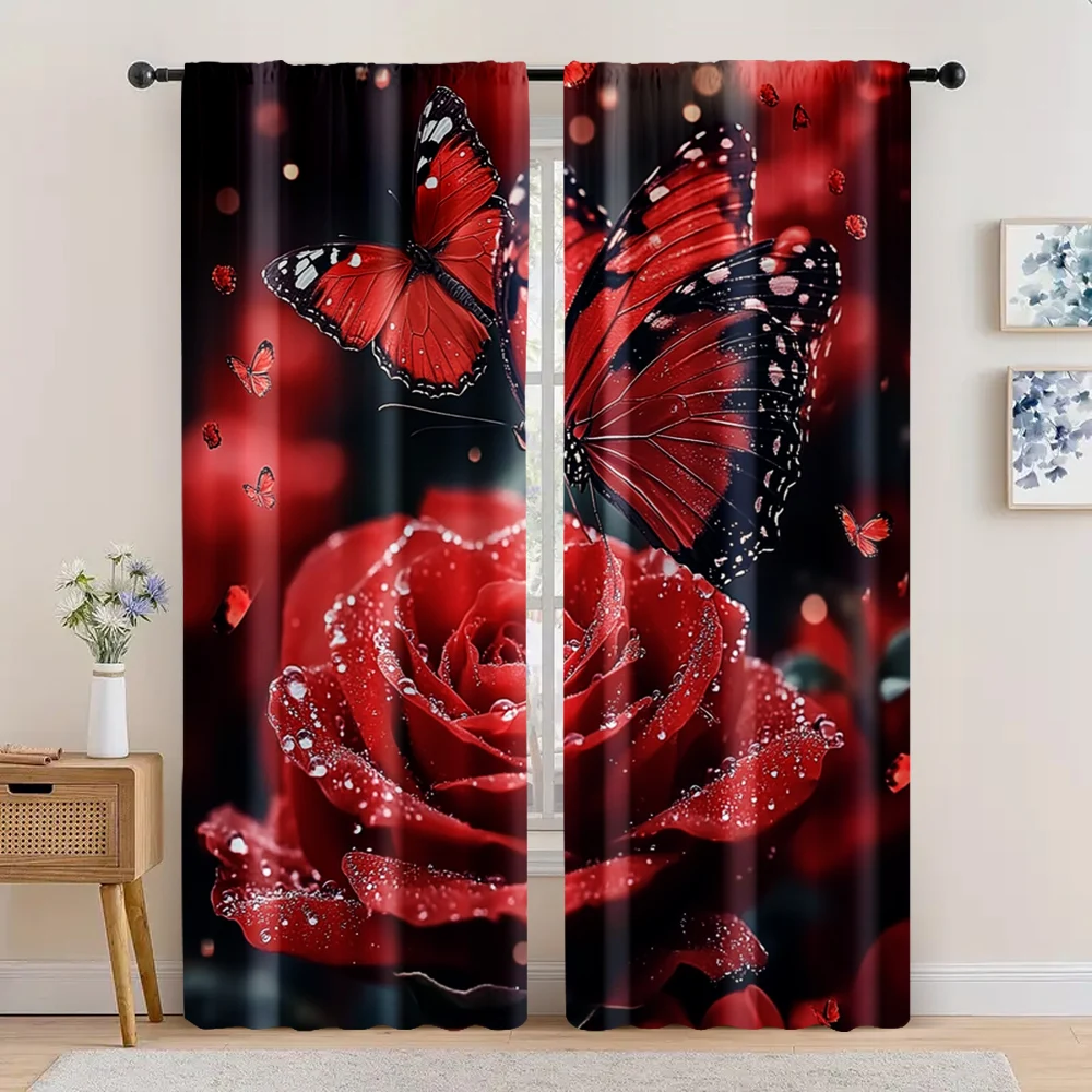 

2pc, Happy Valentine's Day Curtains Red Rose and Butterfly Fabric,Without Electricity Birthday Party Perfect for Holiday