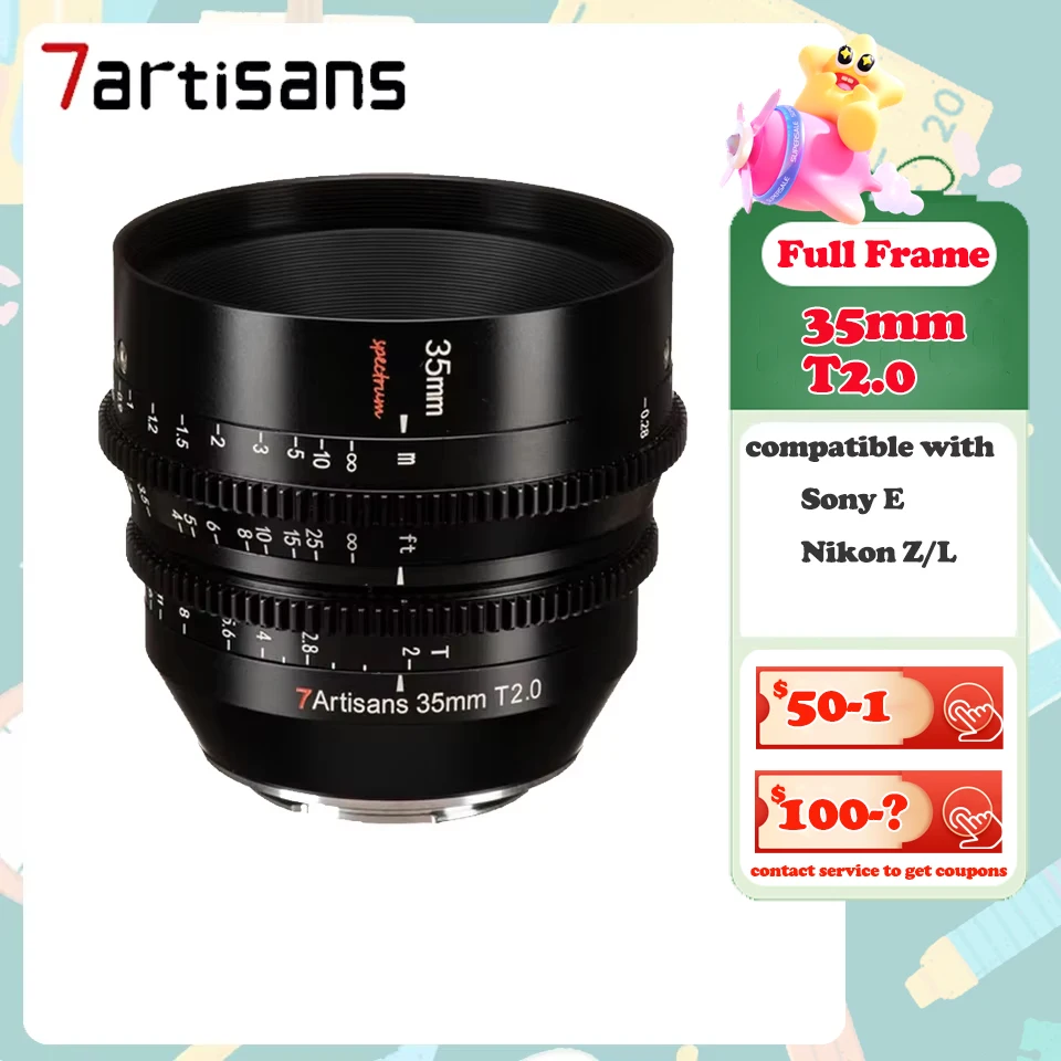 7artisans Cine Lens 35 мм T2.0 Полнокадровый объектив для камеры с ручной фокусировкой, совместимый с креплением Sony A7S A6000 Nikon Z50 L