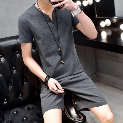 Men\'s Sets Short Sleeve Suit and Shorts Summer Cotton Linen Solid Color T-shirt Two-piece Set for Men