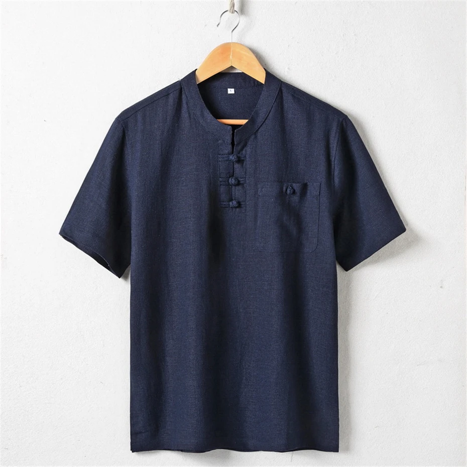 Linen T-shirt Men Chinese Style Button Tshirt Fashion Casual Solid Color T-shirts Breathable Summer