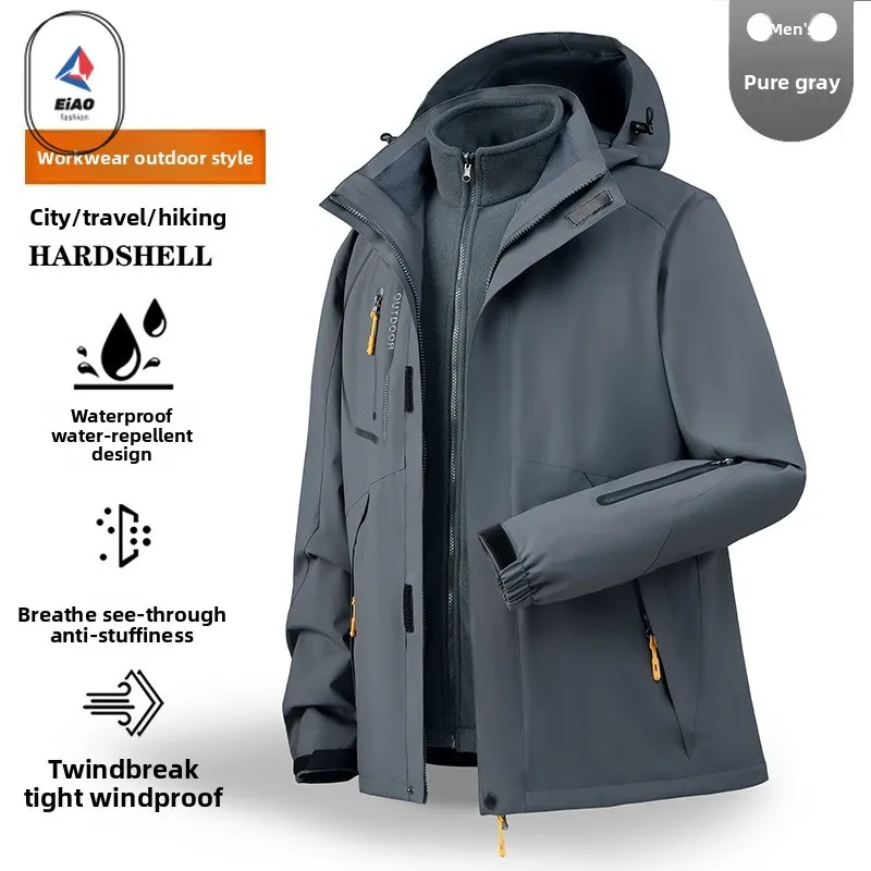

New 3 in 1 Waterproof Windbreaker Men Women Two Layer Set Breathable Hiking Jacket Rain Coat Windproof Outerwear Couple Suit