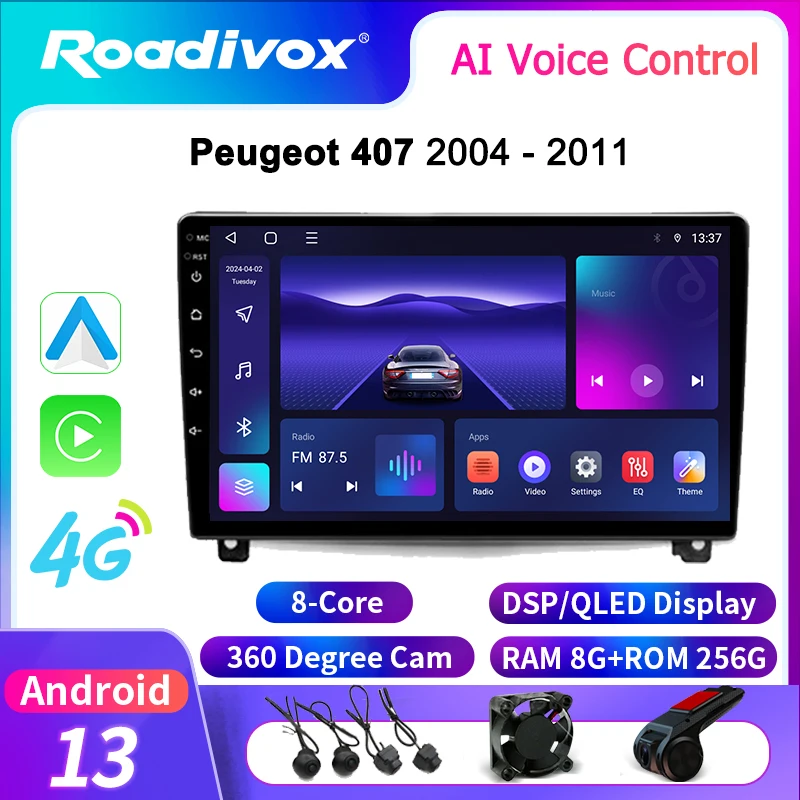

roadivox Android car radio for Peugeot 407 2004 2011 GPS Navigation video screen Multimedia Player tape recorder carplay 4G