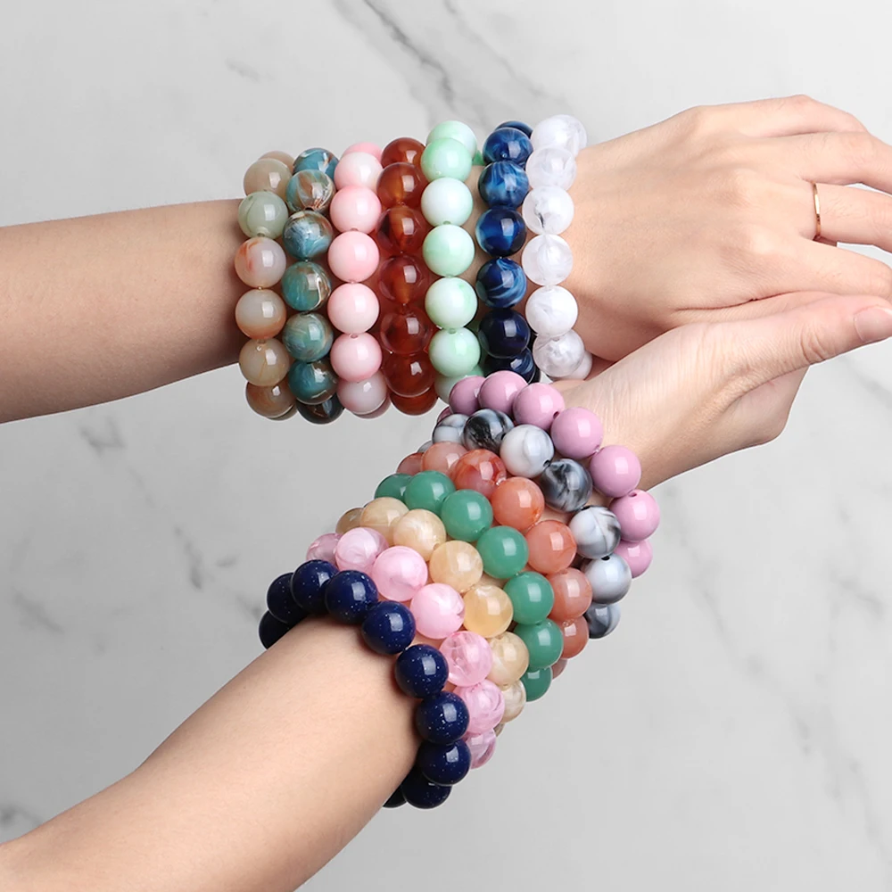 Böhmische Acryl-Armbänder mit bunten, marmorierten, elastischen, runden Perlen, trendige, geometrische, stapelbare Armreifen, Schmuck für Damen – Detail 6