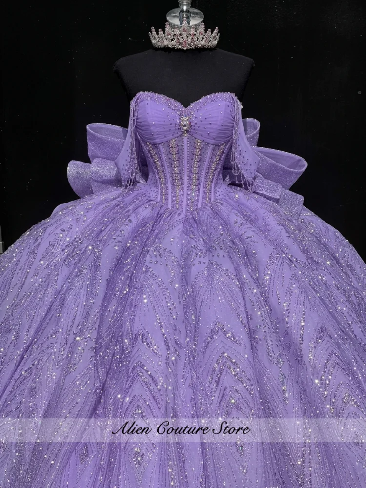 Shiny Pink Ball Gown Quinceanera Dresses Beading Crystal Diamonds Bow Corset Off Shoulder Sweet 16 Dress Customized image 5