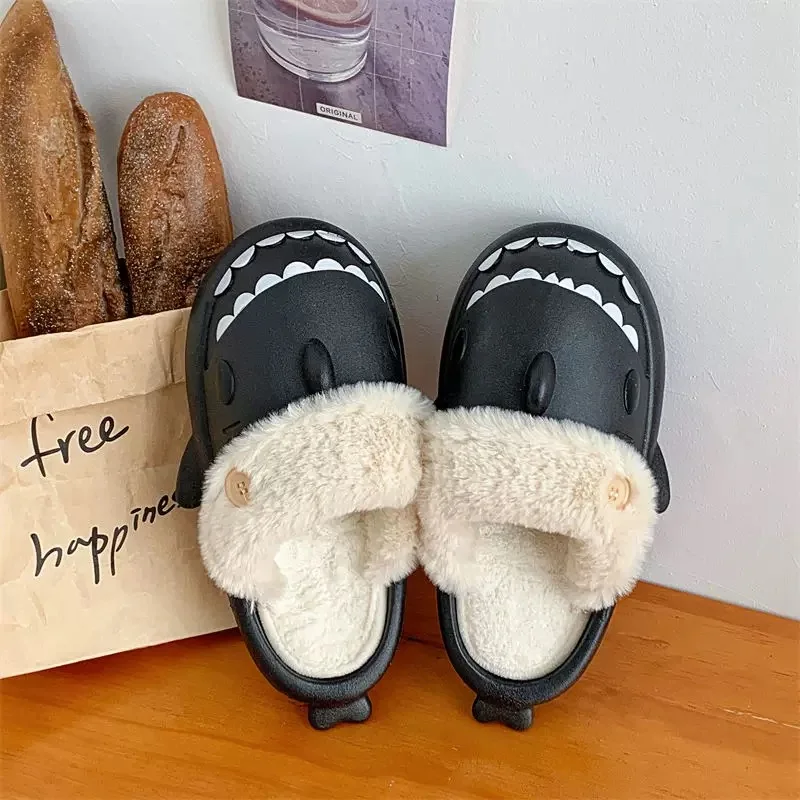 Pantoufles en coton requin pour femme, toboggans d'intérieur imperméables, tongs chaudes en peluche, sandales de maison pour couple, chaussure plate, hiver