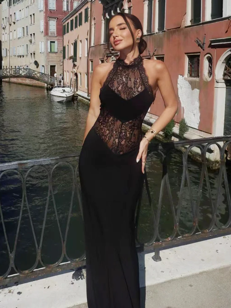 Women's Halter Maxi Dress With Lace Black Mesh Sheer Sleeveless Slimming Dress For Women Elegant Party Dress Female Evening Gown view 5