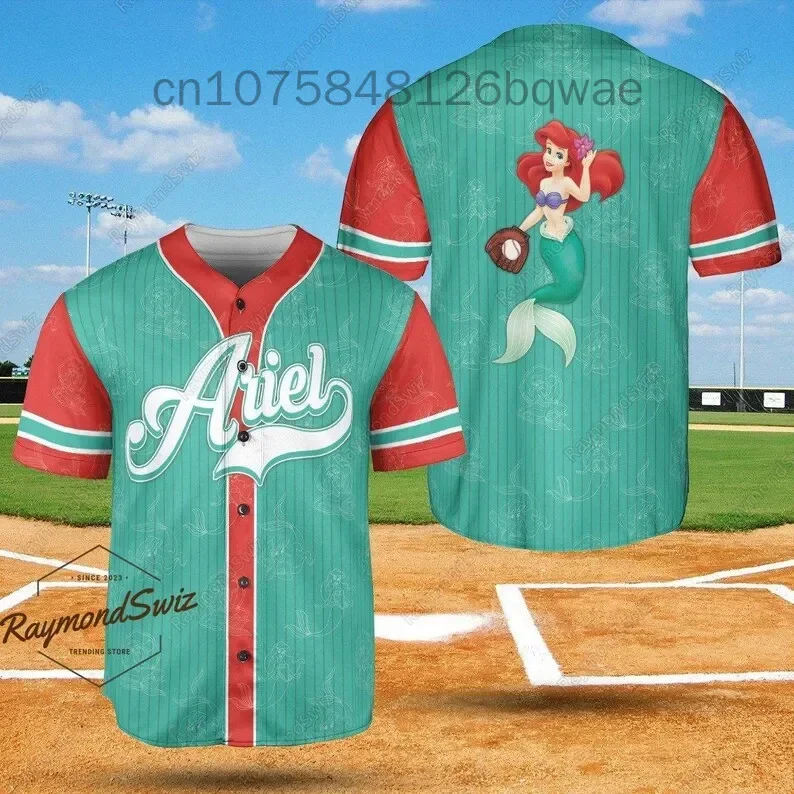 Homens e mulheres Disney Mermaid Baseball Jersey, Nome personalizado, Camisa de manga curta, Camisa esportiva casual, 2024