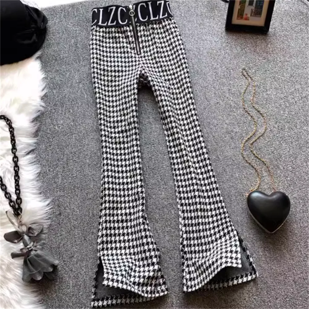 

Fashion high-waisted straight trousers forks plaid casual pants zip