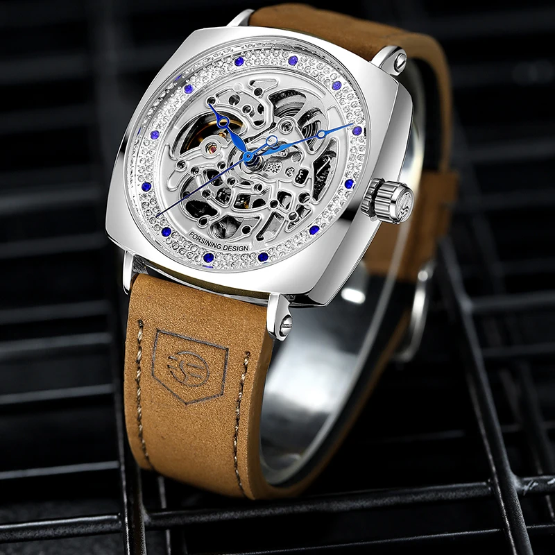 Forsining Luxury Leather Strap Skelton Watches Men Automatic Mechanical Watch For Man 30m Waterproof Luminous Hand WristWatch