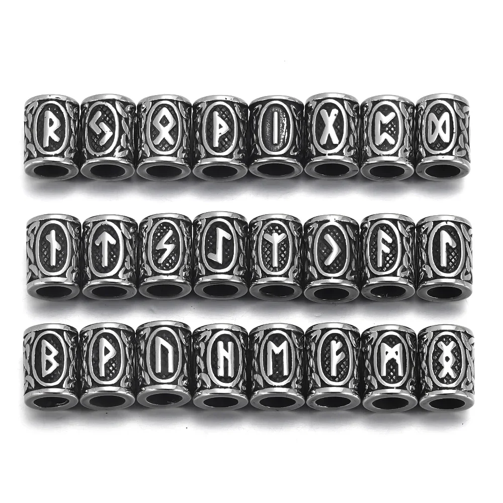 Image: Perle rune viking en acier inoxydable, grand trou de 6mm, perles de barbe de cheveux Futhlavabo, breloque de bracelet pour bijoux à bricoler soi-même, accessoires exécutifs