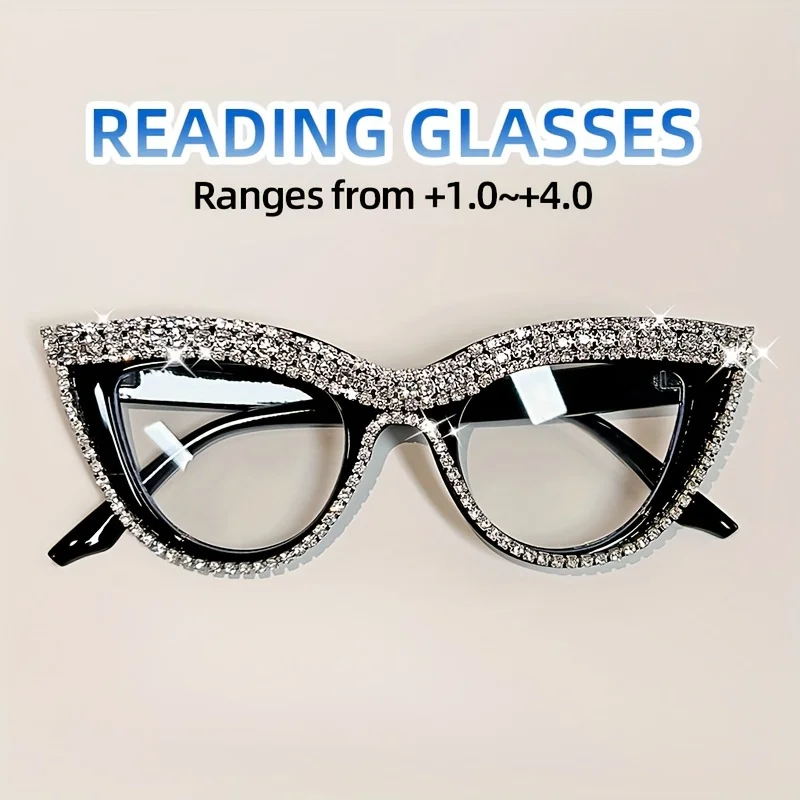 Elegant Cat Eye Reading Glasses with Rhinestone Embellishments - Suitable for Presbyopia from  1.0 to  4.0 Diopters