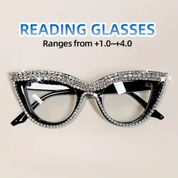 Elegant Cat Eye Reading Glasses with Rhinestone Embellishments - Suitable for Presbyopia from 1.0 to 4.0 Diopters