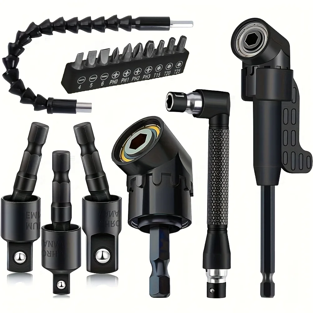 17 قطعة تمديد لقمة مثقاب مرنة، تشمل 3 قطعة محول مأخذ التوصيل القابل للتدوير 2 قطعة عرقوب سداسية 105 °   مرفق مثقاب الزاوية اليمنى 10 ش