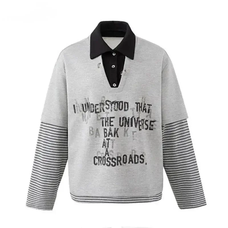 Contrast Collar Letter Print Male Pullover Sweatshirt Stripe Sleeve Pakchwork Fake Two-Piece Long Sleeve Men Tops FV46