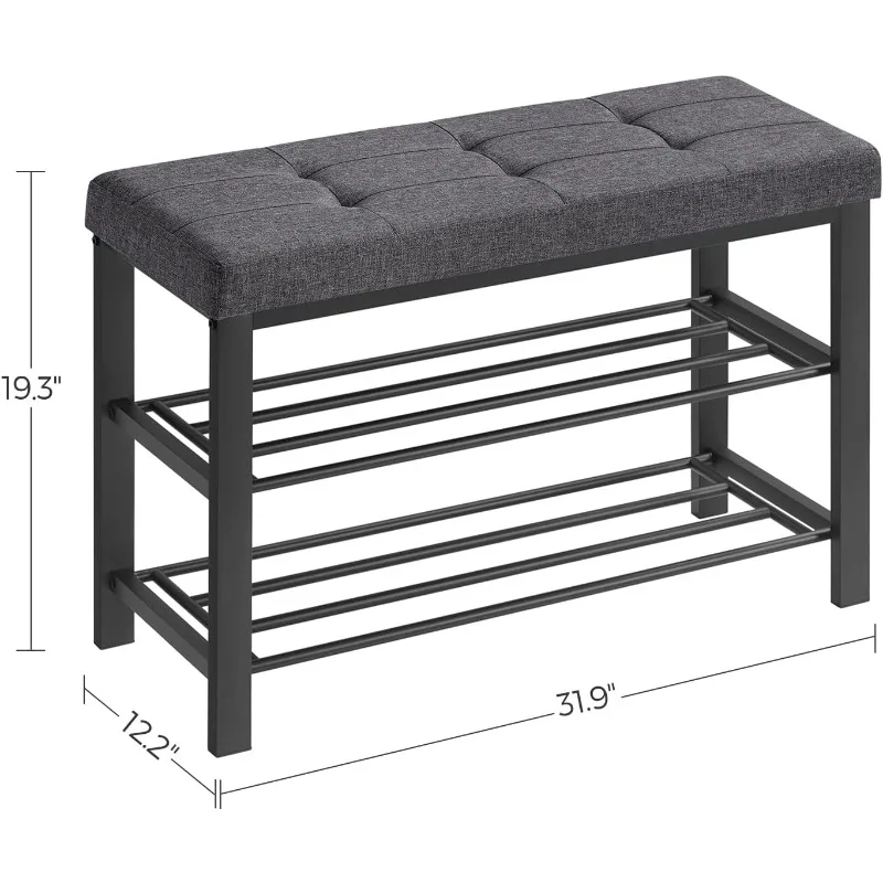 Shoe Bench, 3-Tier Shoe Rack for Entryway, Storage Organizer with Foam Padded Seat, Linen, Metal Frame,12.2 x 31.9 x 19.3 Inches