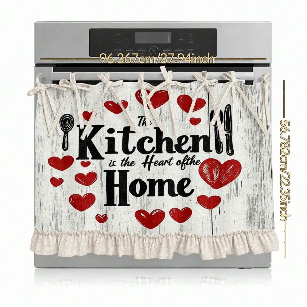 2D Rustic Red Heart Pattern Multi-Functional Decorative Curtain, Suitable for Kitchen Apron, Oven Cover, Washing, Dishwasher, Bathroom Window Decoration, And Kitchen, Halloween Kitchen Apron