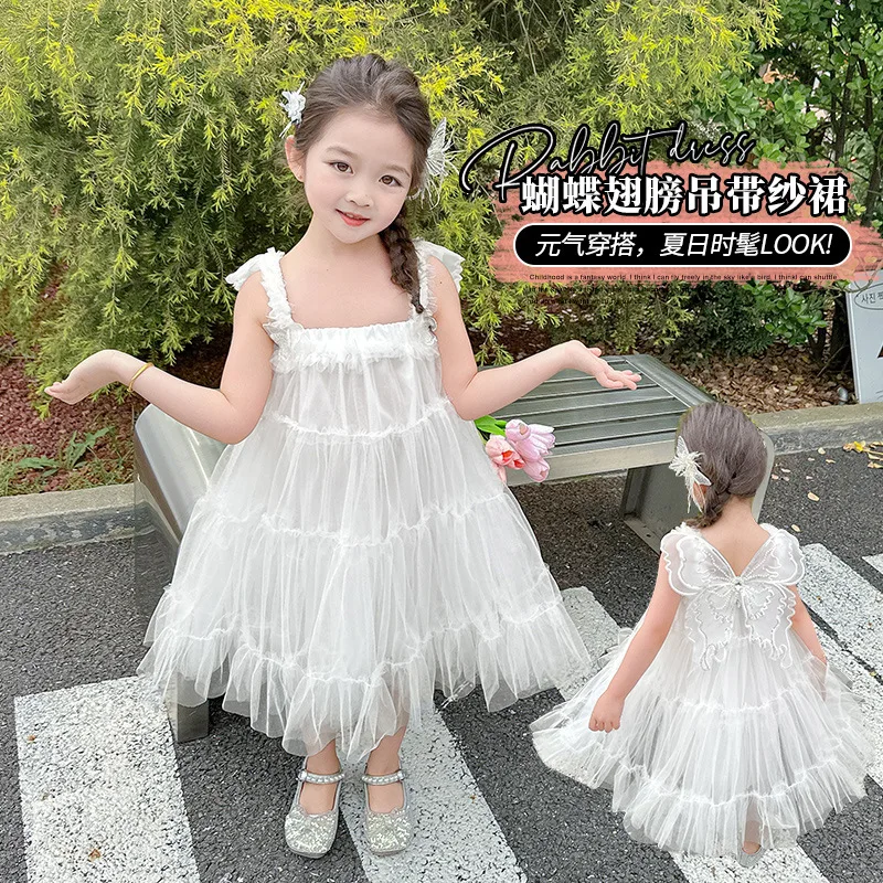 New 2026 Girls Wings Suspender Mesh Dress Children Little Girl Foreign Style Princess Dress Medium Children