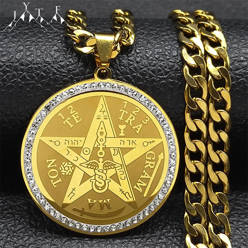 Tetragrammaton Hebrew Jewish Pentagram Necklace for Men Stainless Steel Crystal Gold Color Amulet Necklaces Jewelry Gift NZZZ499