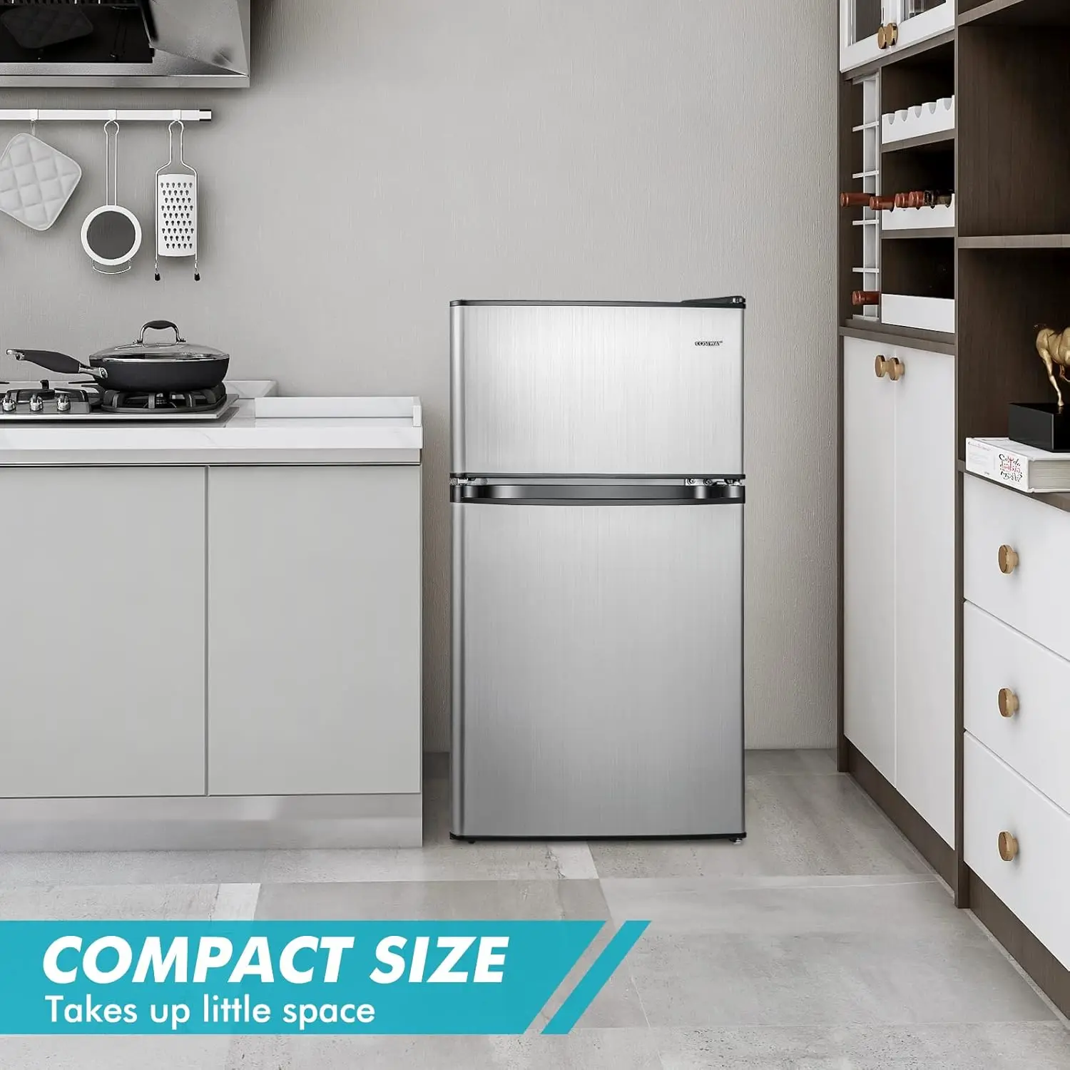 Compact Refrigerator 3.2 Cu.Ft. Fridge Freezer Compartment with Reversible 2 Door Adjustable Thermostat Removable Glass Shelves