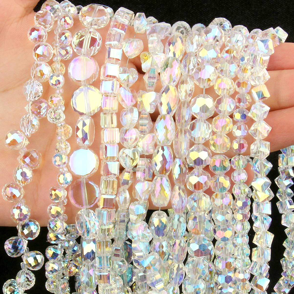 

30pcs AB Rainbow Clear Crystal Glass Charms Beads Love Heart Flat Round Drop Shape Loose Beads for diy Beacelet Jewelry Making