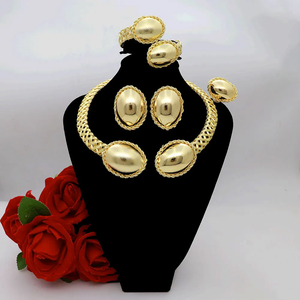 

Ювелирный набор из Дубая и Нигерии: золотистый цвет, роскошный дизайн, ажурное колье, браслет, гладкие серьги, кольцо, аксессуары для свадьбы и вечеринок