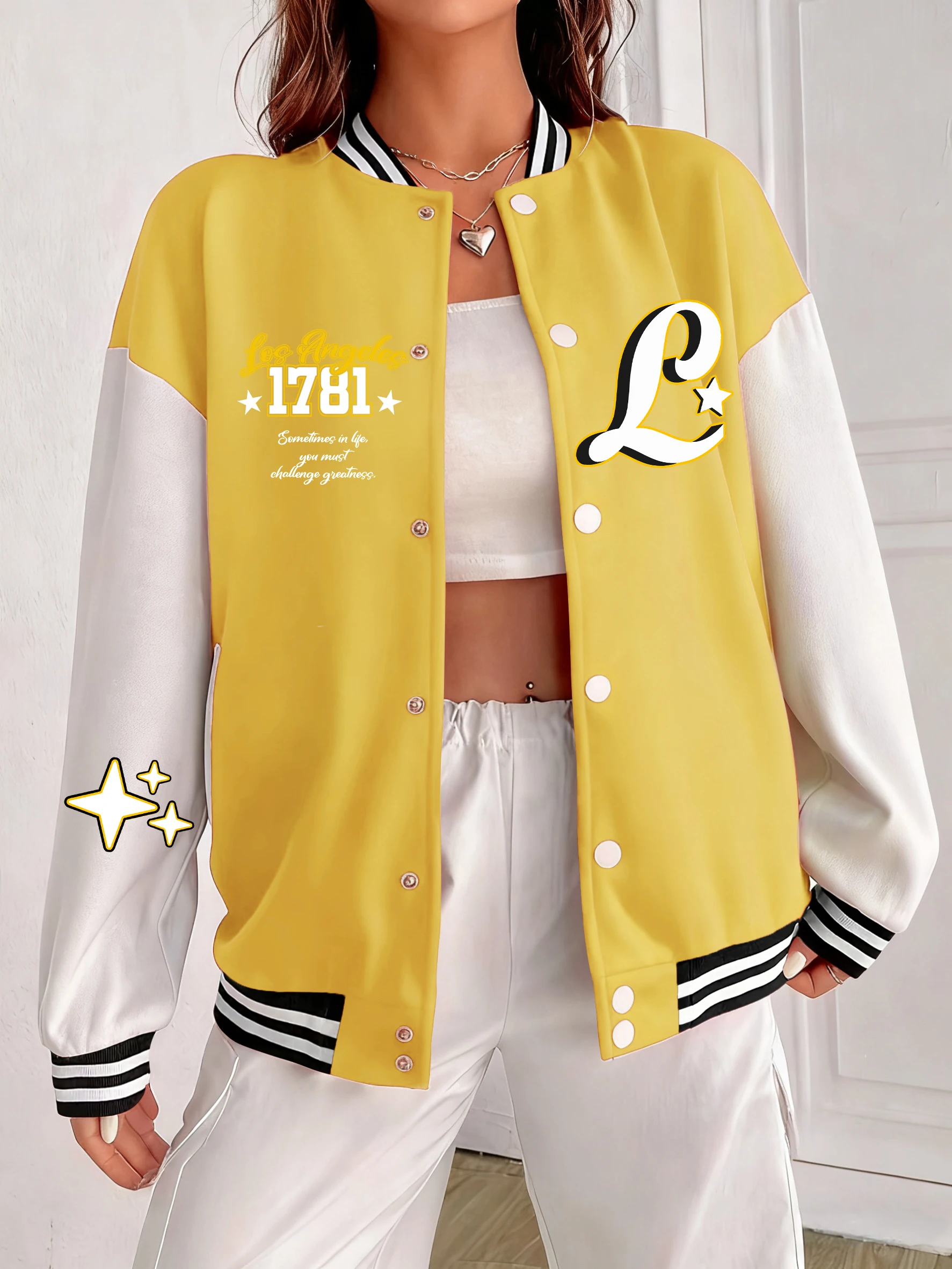 Usa Letter L And Pentagram Design Women Jackets Hip Hop Autumn Baseball Uniform Oversized All-Match Clothes Cotton Sportswear