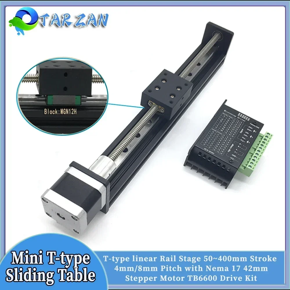 Mini T-type Linear Guide Stage 50~400mm Stroke 4/8mm Pitch Self Lock Sliding Table Nema17 42 Stepper Motor Drive Kit  For Lathe