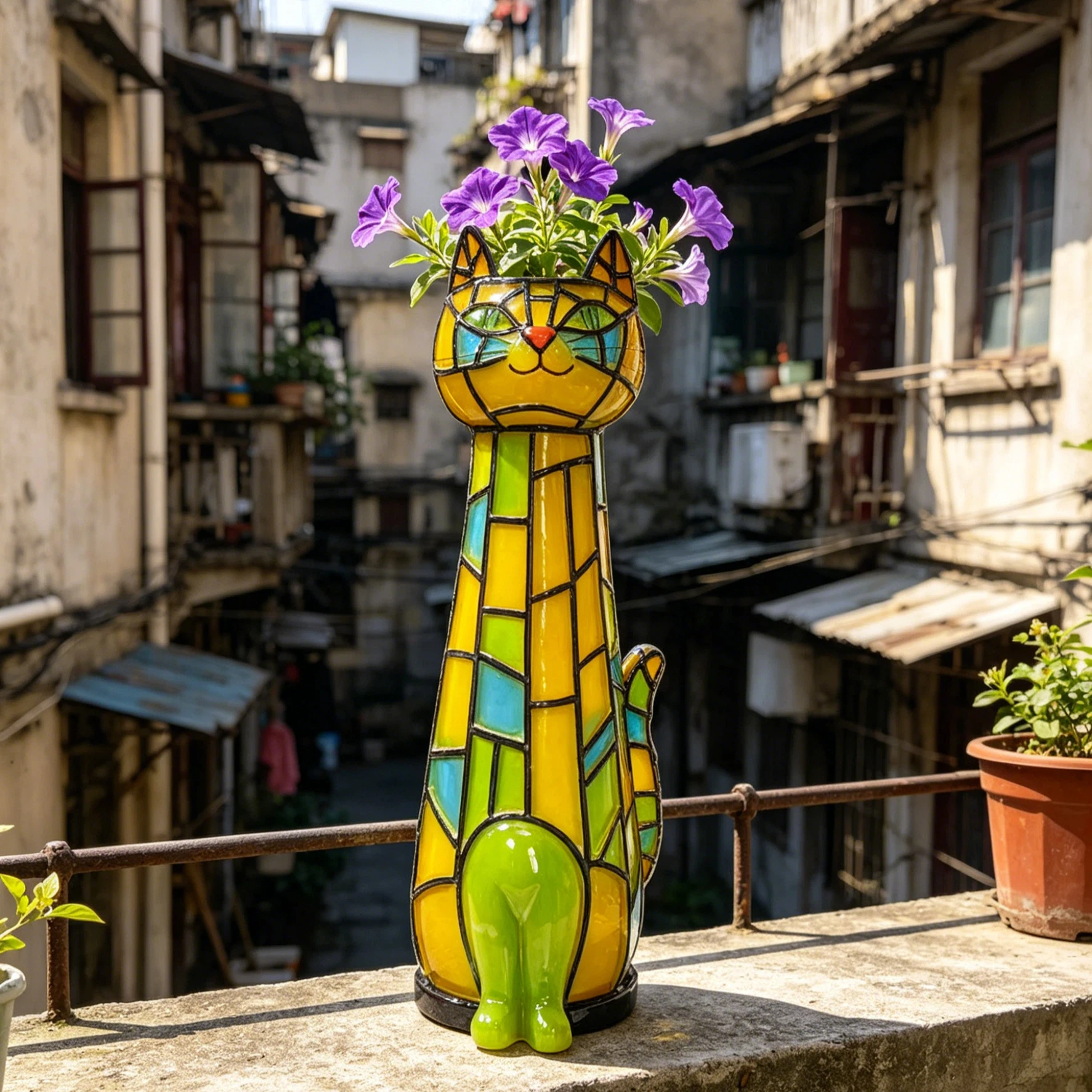 Pop Art Color-Blocking Resin Cat-Shaped Flower Arrangement Container Statue, a Decorative Piece for Flower Shop Window Displays, Popular Check-In Spots, and Dining Spaces, Symbolizing the Enhancement of Store Aesthetic