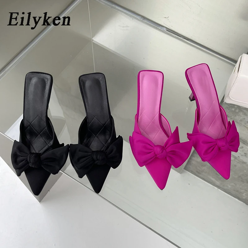 Eilyken New Style Butterfly-knot Mules Women Slippers Elegant Pointed Toe Thin High Heels Ladies Summer Fashion Party Prom Shoe