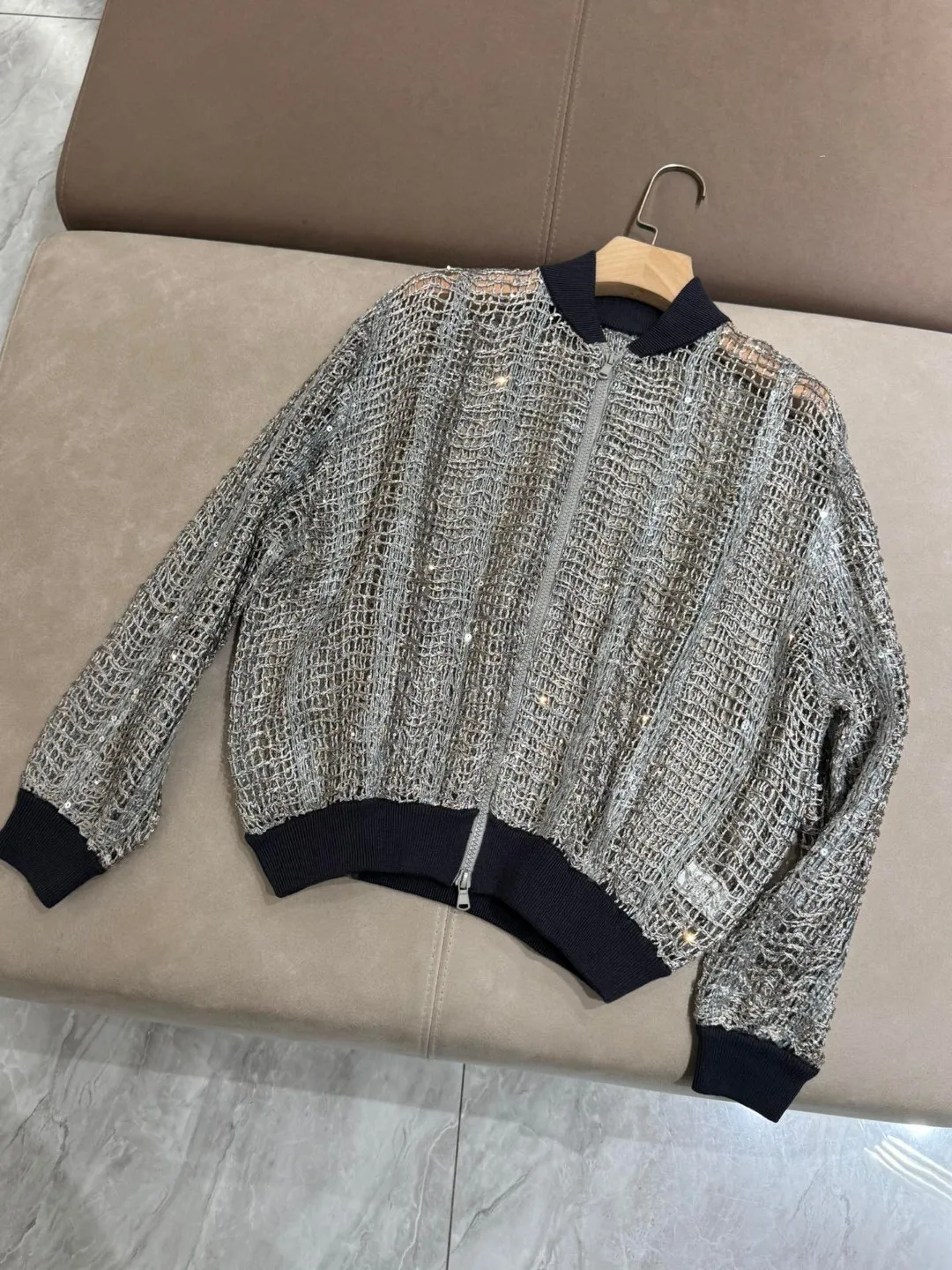 Hollow mesh knitted sparkling yarn pilot jacket