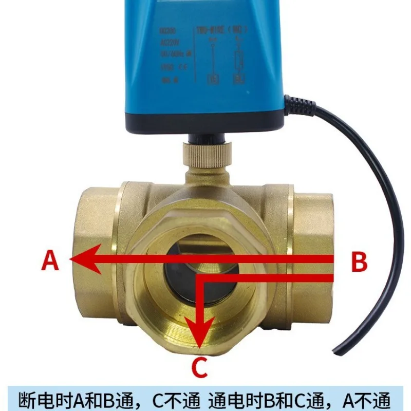 Full Port Brass 3 Way Ball Valve Electric Pneumatic Control Water Valve Pipeline Switch for Fan Coil Household Water Pipe Use
