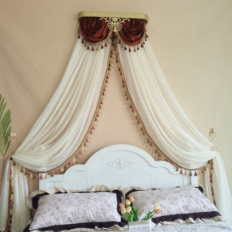 2026 New French Floral Embroidered Bed Canopy Curtain, Water Wave Tassel Drape with Crown, Bedroom Headboard Decorative Sheer