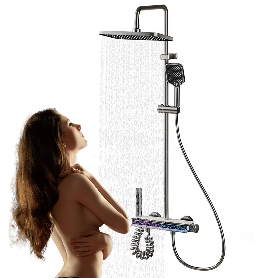 12 Inch Shower Set Digital Display LED Wall Mounted Hot & Cold Faucet Mixer Rain Shower Bathroom Smart Shower Set