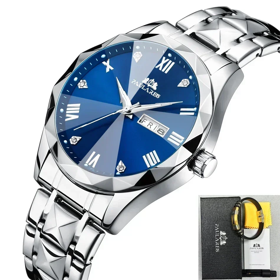 Luxury Watches for Men Luminous Double Calendar Gold Blue Green Quartz Dress Diamond Shaped Glass Stainless Steel Reloj Hombre