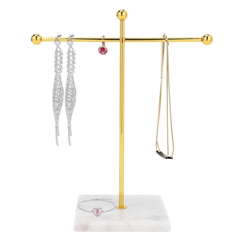 

Gold Storage Shelf with Marble Base Fashion Ins Modern Jewelry Ring Necklace Earrings Metal Display Stand