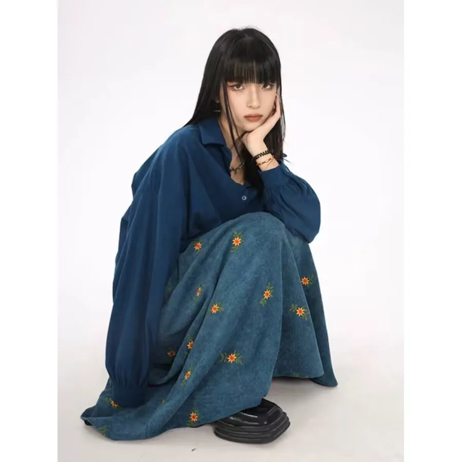 Gonna longuette ricamata in velluto a coste retrò Gonna longuette a vita alta con stampa floreale autunno inverno da donna Sweet Forest Girl Sle