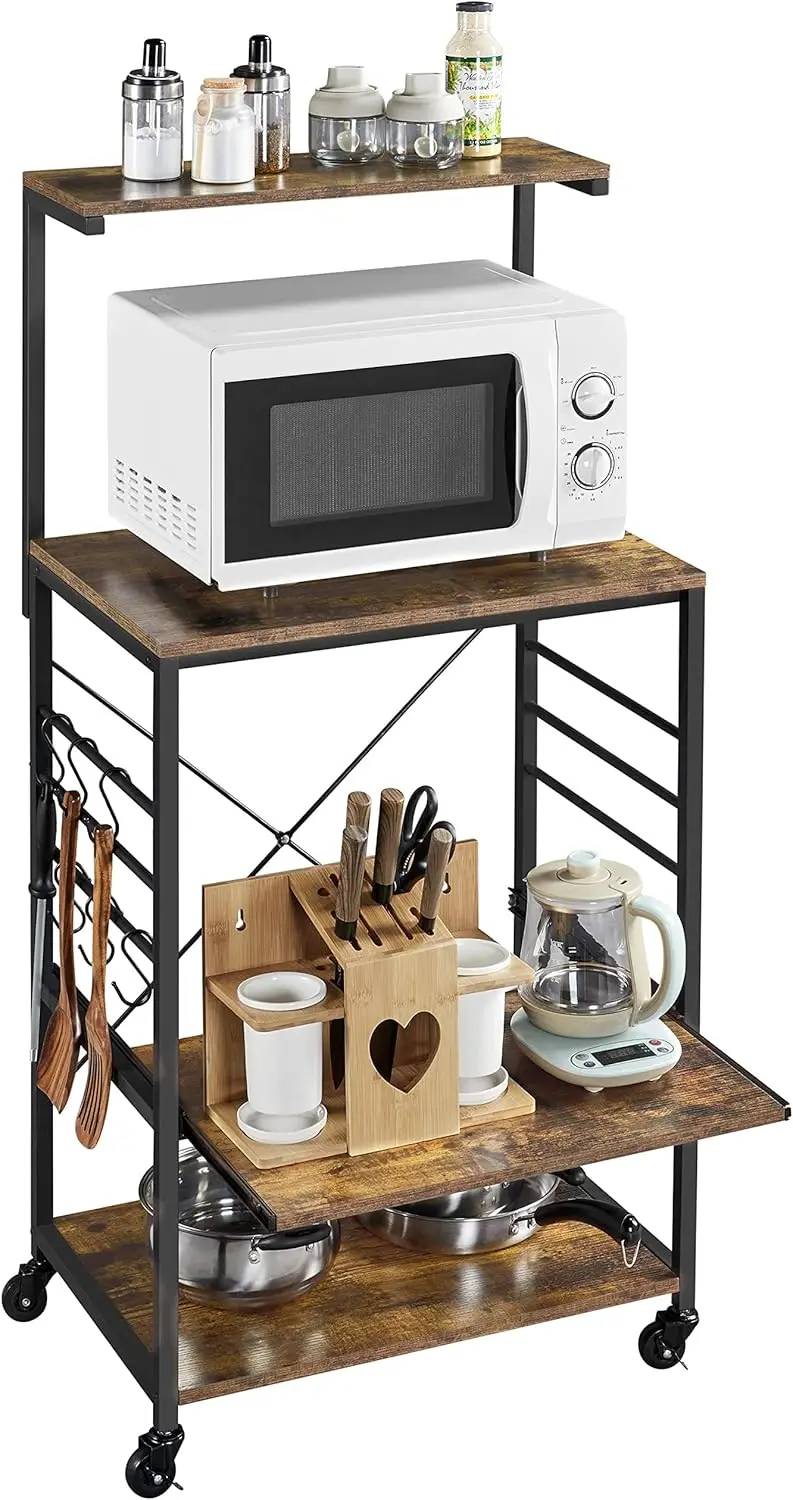 

Bakers Rack on Wheels, Microwave Stand Cart Coffee Stand with 6 Hooks and Sliding , Kitchen Utility Cart with Spice Rack, Rust