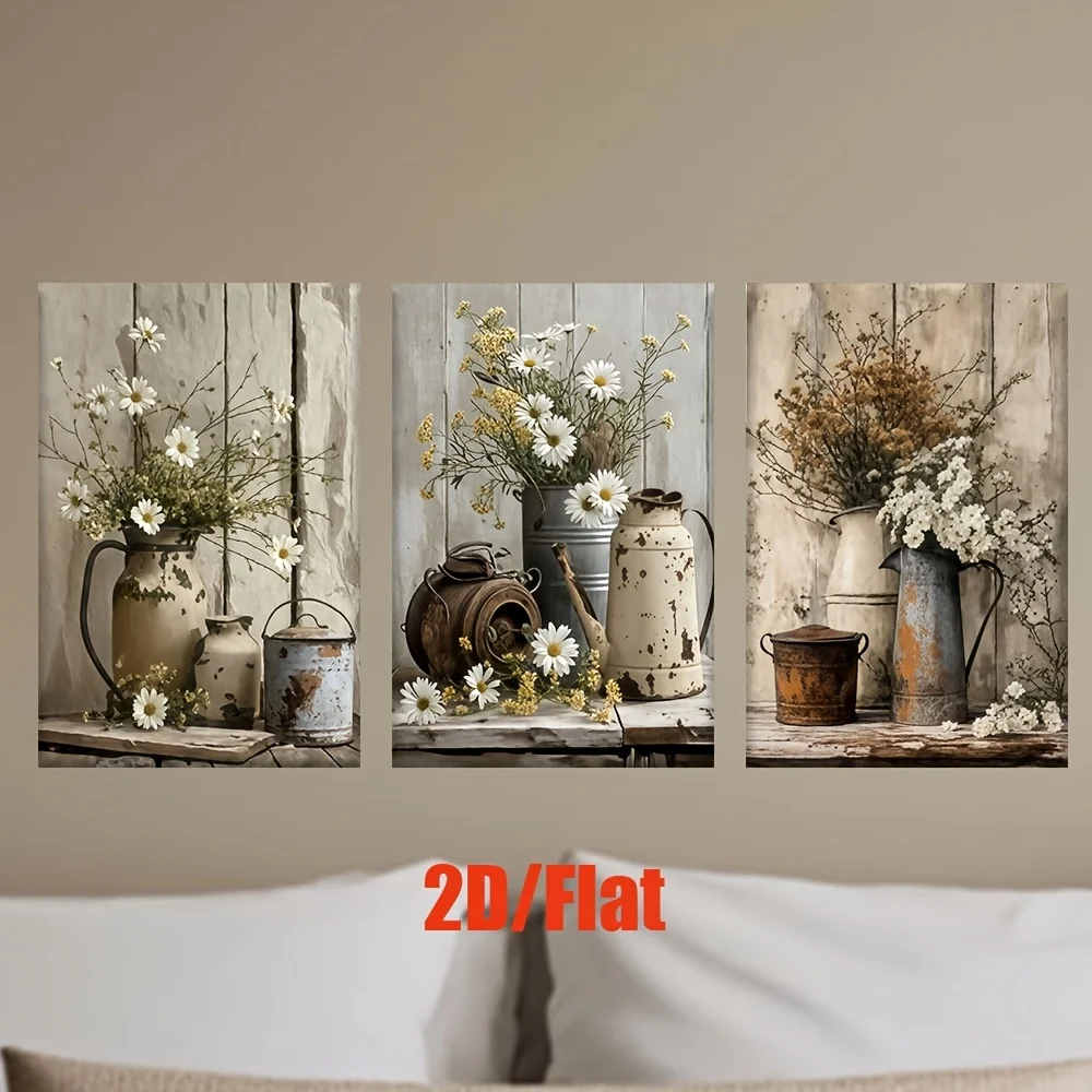 （NO Frame 3PCS）-2D Flat, 2D Flat, 2D Flat Set of Three, Frameless 2D Flat Canvas Artworks Featuring a Classic Daisy Floral De