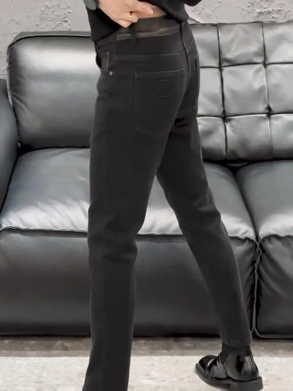 

High Quali Faionable Men's Denim Jeans Autumn Winter Sli Busin Casual Straight Leg Fit High Elastici Water Waed