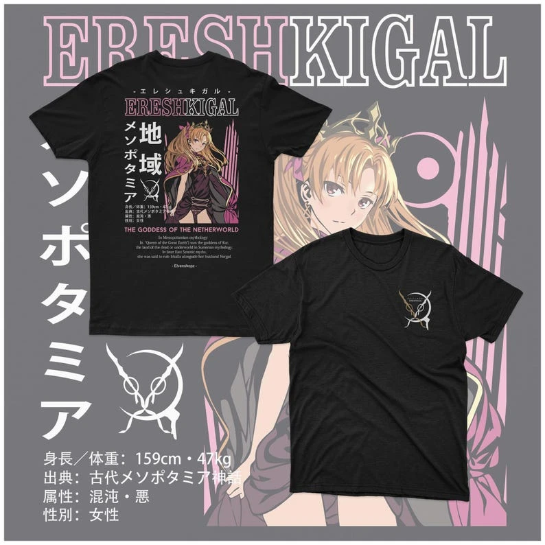 Ereshkigal Fate Grand Order Anime T-shirt Fate Series Lancer Underworld Graphic Cotton Short Sleeve Casual Summer Unisex Top FGO