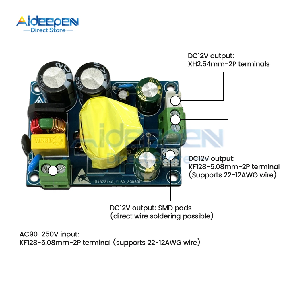 AC 90-250V to 12V 3.3A 40W Low Ripple Switching Power Supply Module AC-DC Switch Overcurrent Short Circuit Protection